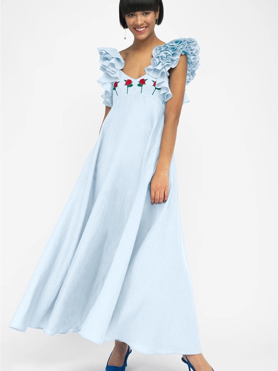 Fanm Mon Dresses & Skirts - Fanm Mon embroidered linen midi dress with ruffle sleeves